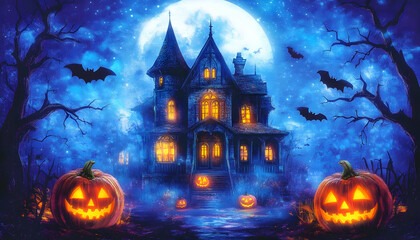 Spooky Halloween scene featuring a haunted house, jack-o'-lanterns, bats, and a full moon. Perfect for Halloween-themed designs, websites, or invitations.
