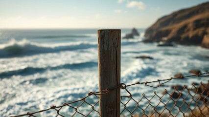 Obraz premium A Rusty Wooden Post with a Chain Link Fence Separating the View of the Waves Crashing on the Coastline