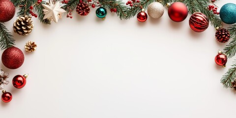 Festive Christmas decorations featuring pine cones and colorful balls arranged on a bright white background, creating a cheerful holiday atmosphere.
