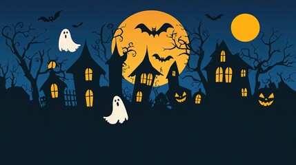 Spooky Halloween Scene with Ghosts, Bats, and Creepy Houses