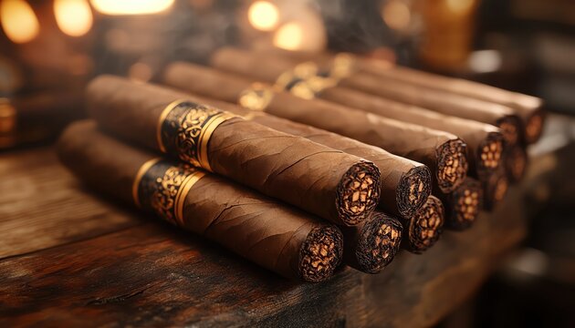 Neatly arranged cigars, closeup shot, warmly lit, elegant and sophisticated, highlighting the luxury of highquality cigars