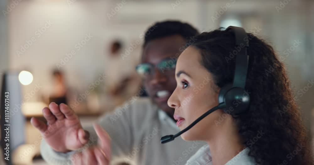 Poster people, call centre and mentor on computer in office, manager helping and customer support at night.
