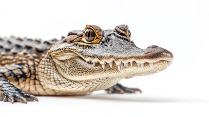 Obraz premium Close-up of a juvenile alligator with textured skin and sharp eyes, showcasing detailed features against a clean, white background.