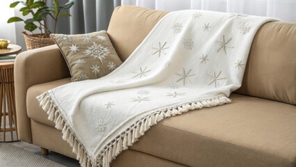 White throw blanket with embroidered snowflakes adds a touch of winter warmth to a cozy living room setting, draped over a beige sofa with a matching snowflake patterned cushion