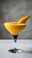 Mango milkshake in a sleek black glass, garnished with a single mango wedge and a light dusting of cardamom.