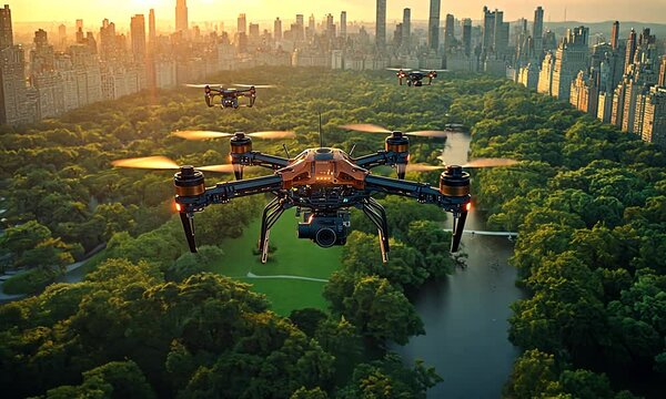 Aerial view of drones flying over a lush green park with a city skyline at sunset.
