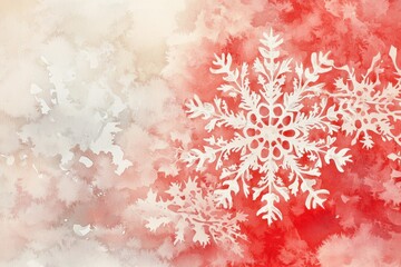Fototapeta premium A watercolor illustration featuring white snowflakes on a red and pale background.