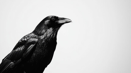 A striking black raven against a plain white background, showcasing its glossy feathers and intense gaze.