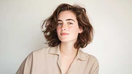 Elegant young woman with glowing short hairstyle with confidence and gentle smile. Modern beauty portrait with clean minimal composition showing healthy, rad