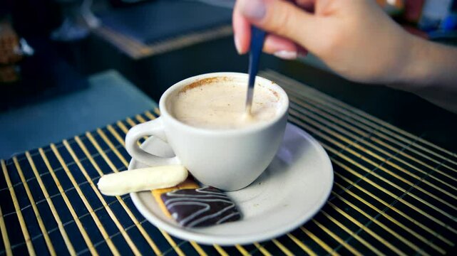 Person stirring coffee in cup with biscuits on plate