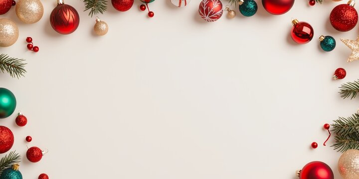 Festive Christmas decorations featuring ornaments, ribbons, and pinecones arranged on a pristine white background, leaving room for personalized messages.