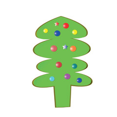 Colored vector illustration of a green Christmas fir tree with balls isolated on a white background