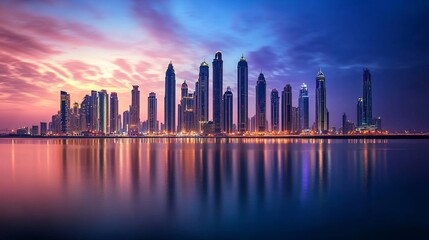 Obraz premium Mesmerizing Skyscrapers Reflecting in Serene Waterfront at Dusk