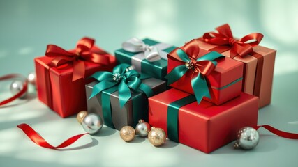 Obraz premium A Festive Arrangement of Wrapped Gifts with Shiny Ornaments and Red and Green Ribbons