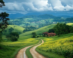 Verdant Horizon Adventures, Scenic Hilltop Landscape Under Dramatic Clouds