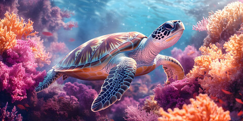 Vibrant Sea Turtle Illustration Amidst Coral Reef