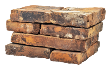 Stacked bricks showing weathered texture and color, cut out - stock png.