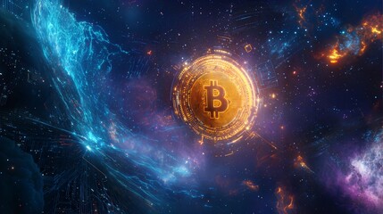 Bitcoin coin. Futuristic 3D concept of cryptocurrency trading, featuring a glowing golden Bitcoin symbol
