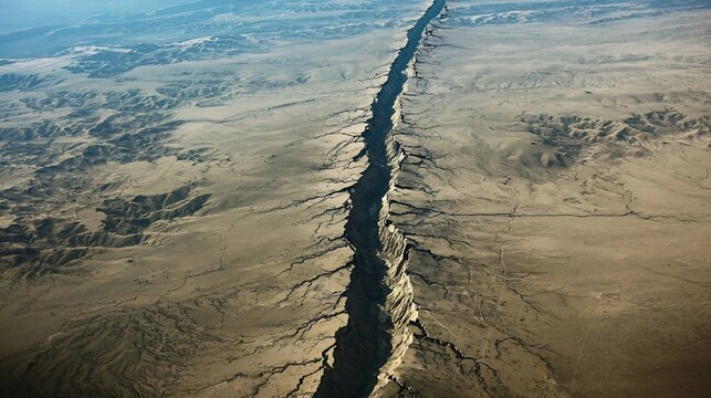 Dramatic Fault Line Cutting Through Vast Arid Landscape Captured From Aerial Perspective - Powered by Adobe