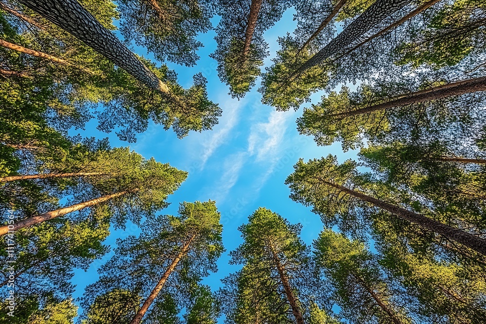 Poster Captivating Skyward View of Towering Pine Trees in Sunlit Forest : Generative AI