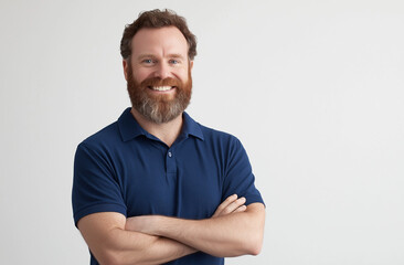 Fototapeta premium Portrait of a happy, bearded man in a blue polo shirt, standing confidently with arms crossed against a white background. Ideal for professional profiles, ads, or templates with ample space for added 