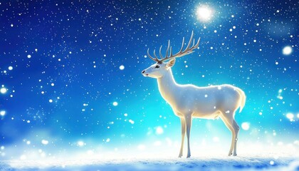 A serene white deer stands in a snowy landscape under a starry sky, evoking tranquility.