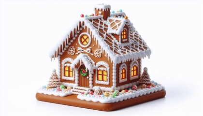 Gingerbread house in sweet icing isolated on white background, 3D rendering