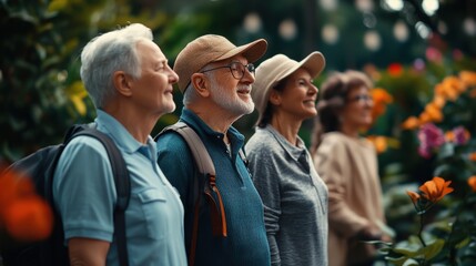 Fototapeta premium Joyful seniors enjoying vibrant garden scenery with lush flowers and greenery, connecting with nature and each other in a serene outdoor setting
