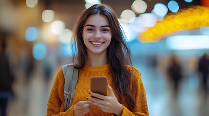 Smiling young woman using smartphone in vibrant urban space lifestyle photography : Generative AI