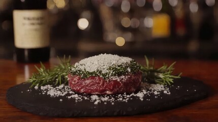 Raw steak seasoned with salt and herbs on a slate plate, restaurant setting.