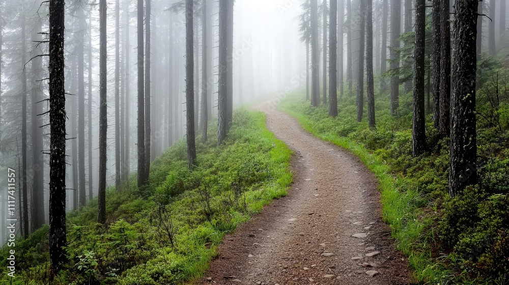 Poster serene forest path winding through misty trees and lush greenery.