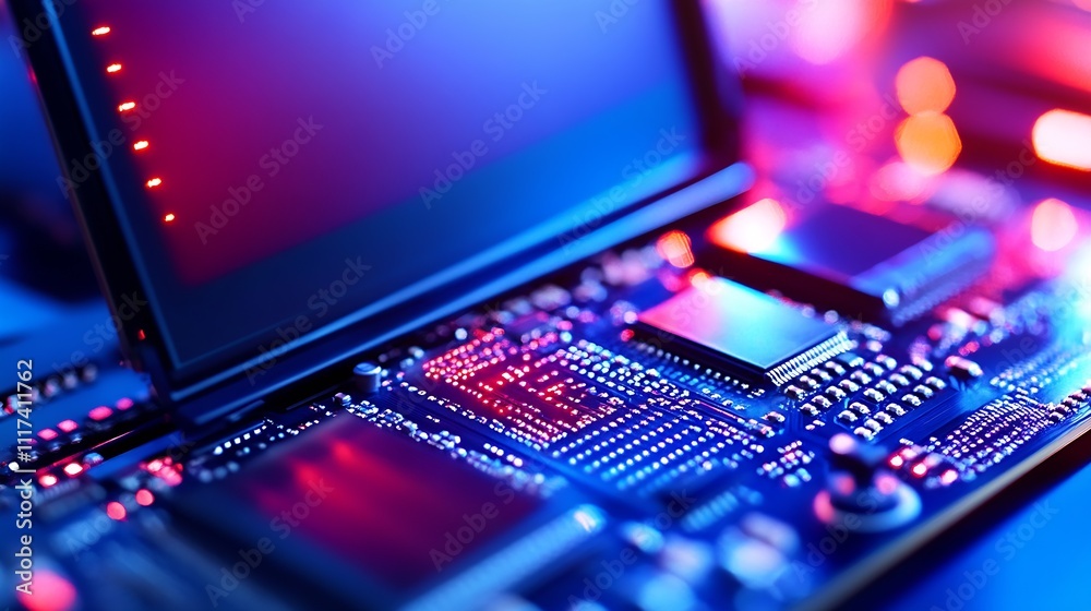 Aufkleber closeup of advanced circuit board with blue and red lighting for technology concept : generative ai