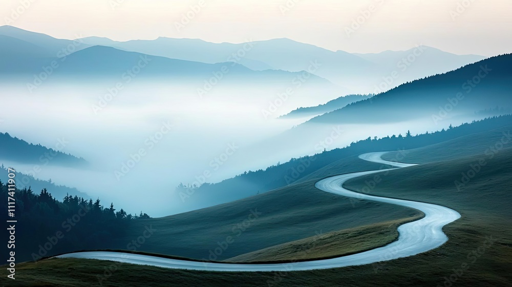 Poster a winding mountain path disappearing into fog, soft light creating a serene and blurred landscape
