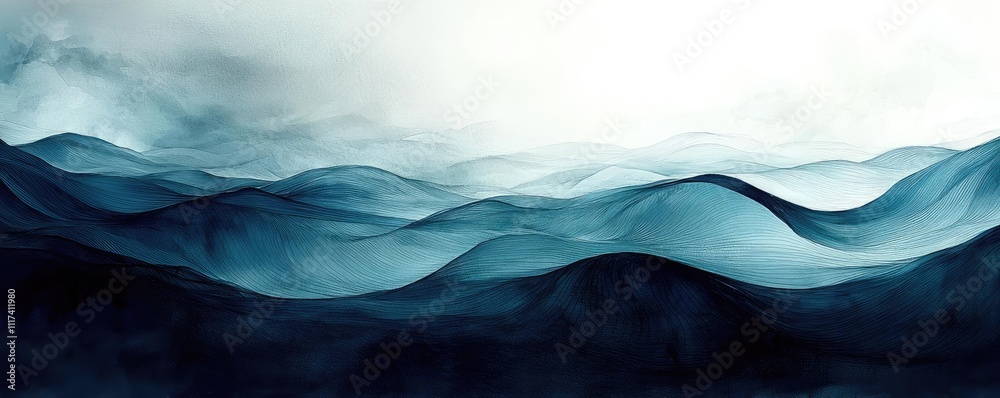 Poster abstract waves in shades of blue, creating calm and tranquil ocean scenery.