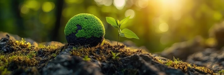 earth globe on green grass surrounded by trees and leaves,banner, Earth Day ,Environment