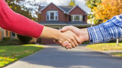 Real estate deal closing, handshake in front of new house.