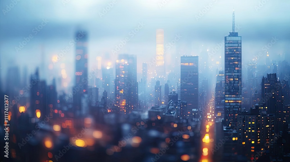 Poster foggy skyline with illuminated skyscrapers in a moody urban setting.
