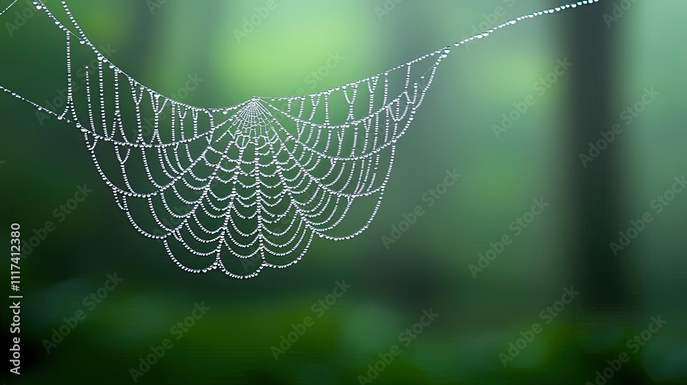 Poster intricate spider web adorned with dew drops in a misty forest setting.