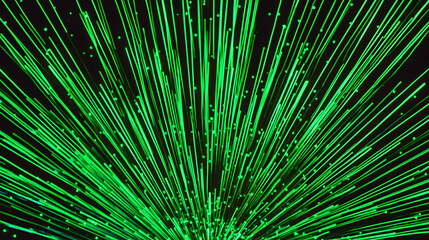 Abstract vibrant green light streaks radiating outwards, creating a dynamic and energetic burst effect on a black background. Perfect for technology, energy, or speed concepts.
