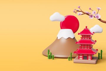 3d Japanese spring landscape with fuji mountain, pagoda, pink cherry blossom, bamboo, red sun, clouds. Travel banner with japan landmark and sakura branch on yellow background render. 3D illustration