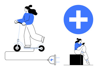 Woman riding electric scooter, large blue plus sign, woman sitting on cube using tablet, and a charging plug. Ideal for sustainable transportation, health tech, mobile devices, connectivity, modern