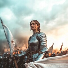 A resolute portrayal of Joan of Arc, adorned in gleaming armor, carrying a weathered banner, standing amidst the chaos of battle with unwavering determination.
