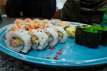 Japanese Sushi Platter in Blue Plate.