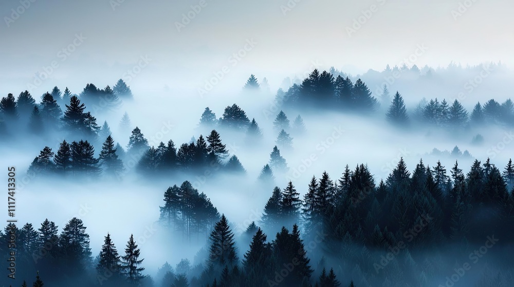Poster dense fog enveloping a tranquil forest, top view, capturing the calm and mystery of misty woods, ser