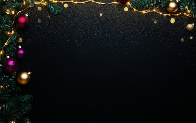 Vibrant Christmas lights and festive decorations illuminate a dark background, creating a warm and joyful holiday atmosphere.