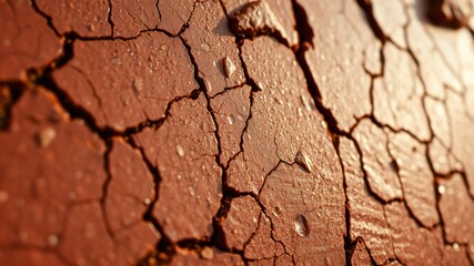 Fototapeta premium A close-up of a dry, cracked surface, with raindrops scattered across the parched ground, the texture highlighting the harshness and fragility of nature.