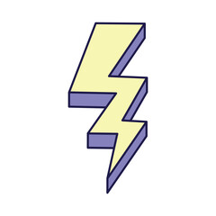 Vintage style yellow lightning on white background. Retro illustration with outline in 90s style. Isolated vector illustration.