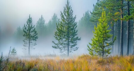 Obraz premium Misty forest with evergreen trees, serene landscape in soft morning light