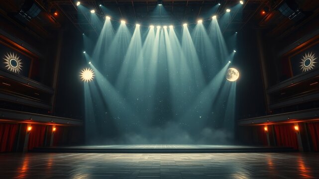 A stage bathed in ethereal light, with celestial motifs adorning the walls, awaits the unfolding of a grand spectacle.