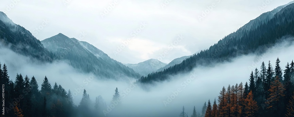 Aufkleber misty mountains shrouded in fog with evergreen trees, creating a serene and tranquil landscape perfe